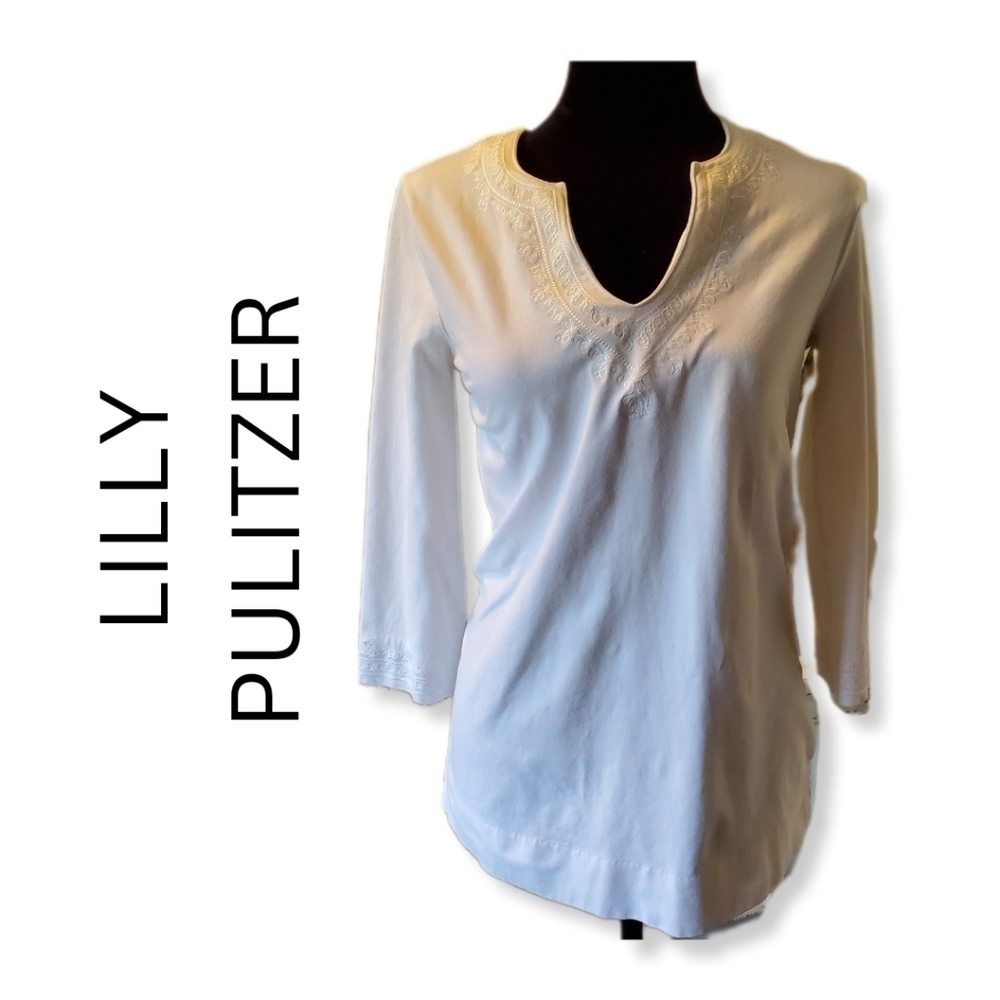 Lilly Pulitzer White Embroidered Trim Stretch Knit 3/4 Sleeve Tunic Sz xs